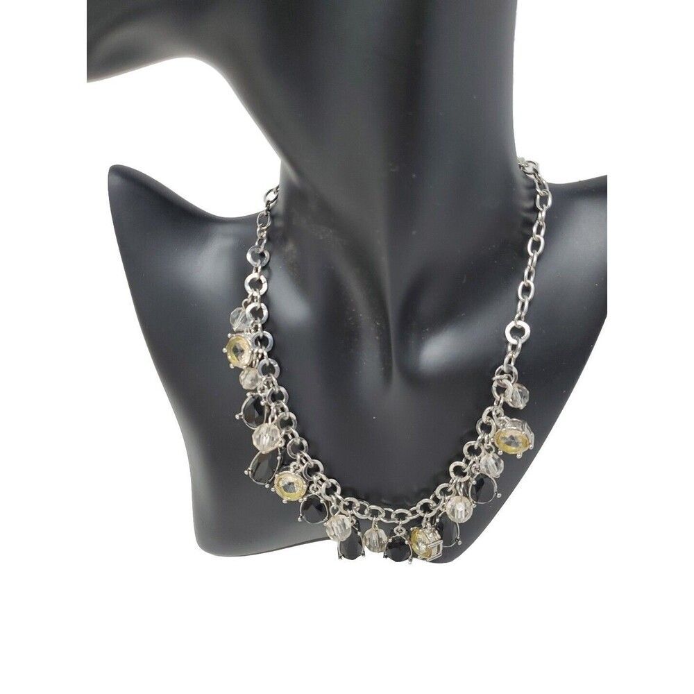 WHBM White House Black Market Silvertone Faux Onyx  Teardrop Statement Necklace